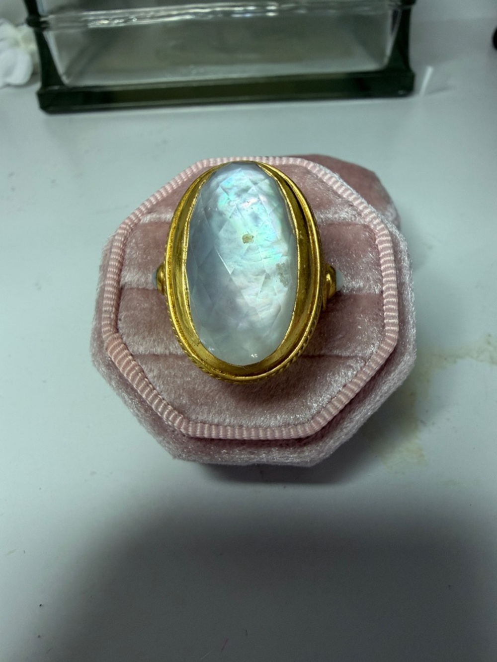 Gold-Plated Moonstone Oval Cocktail Ring in White sz 9 by JV